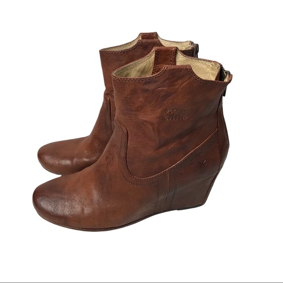 Frye Shoes - Frye Carson wedge bootie size 9 M , cognac leather , back zipper